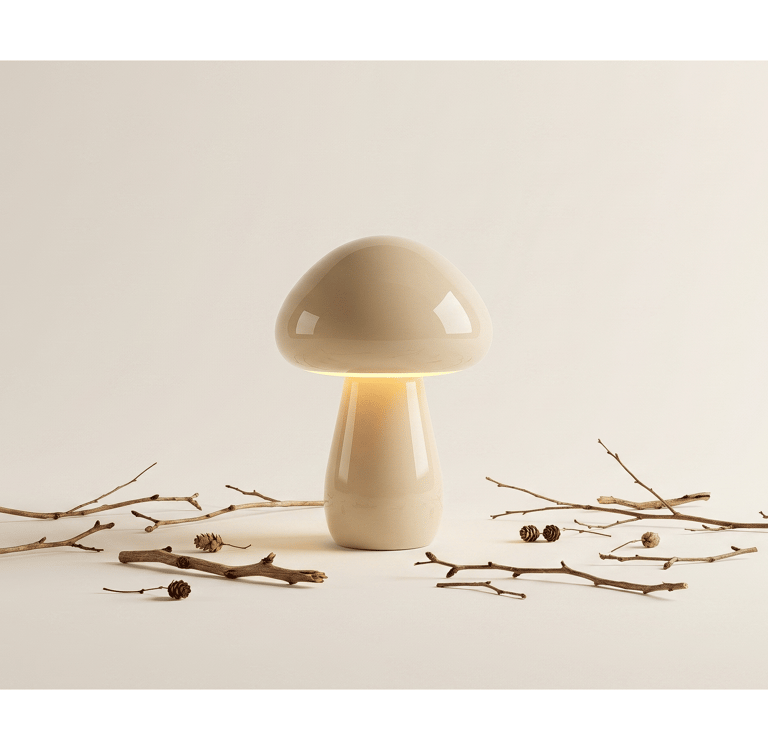 Minimalist mushroom lamp with soft glow – Caprina Table Lamp by Aur Living Contemporary bedside tabl