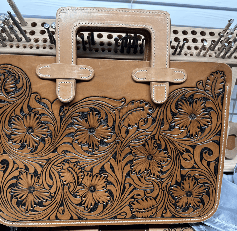 custom leather briefcase hand tooled floral western design EJ Leather LLC