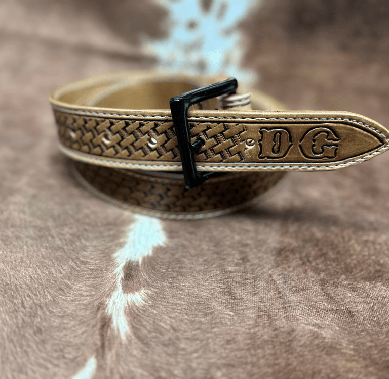 custom leather belt hand tooled basket weave western style EJ Leather LLC