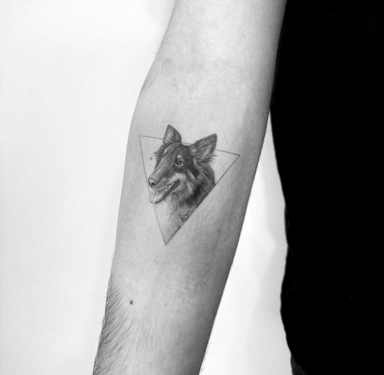 Tatuaje fineline en Madrid de retrato microrealista de perro collie enmarcado en triángulo