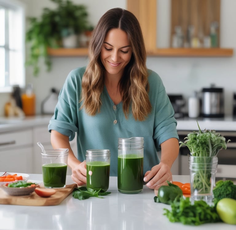 a woman is holding a glass of green juice