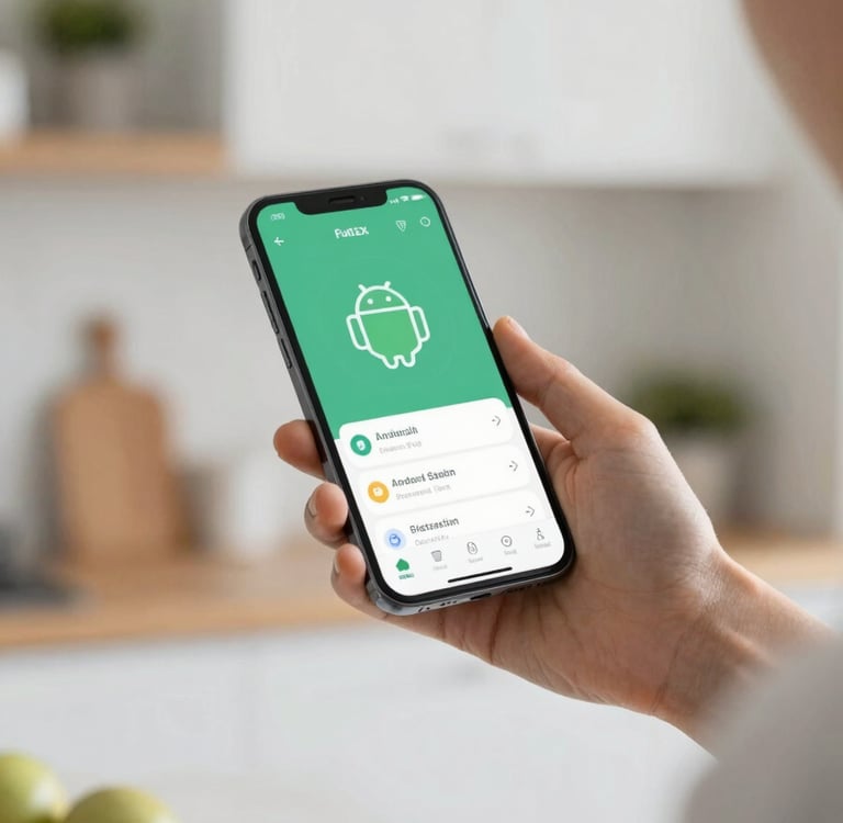 An lifestyle shot of a person using an Android app on their phone while standing in a bright, modern kitchen. The app interface is clearly visible and looks intuitive and approachable. The scene uses #2E6C6C and #F0F8F8 tones for a clean look.
