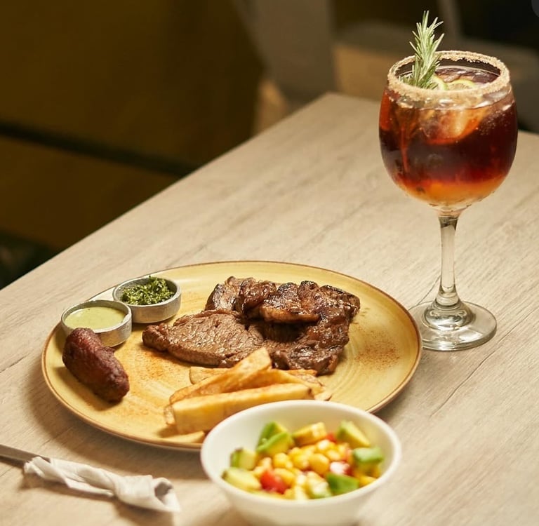 Delicosa carne con papas fritas ensalada y vino en Kabú Café Restaurante Calarcá Quindío