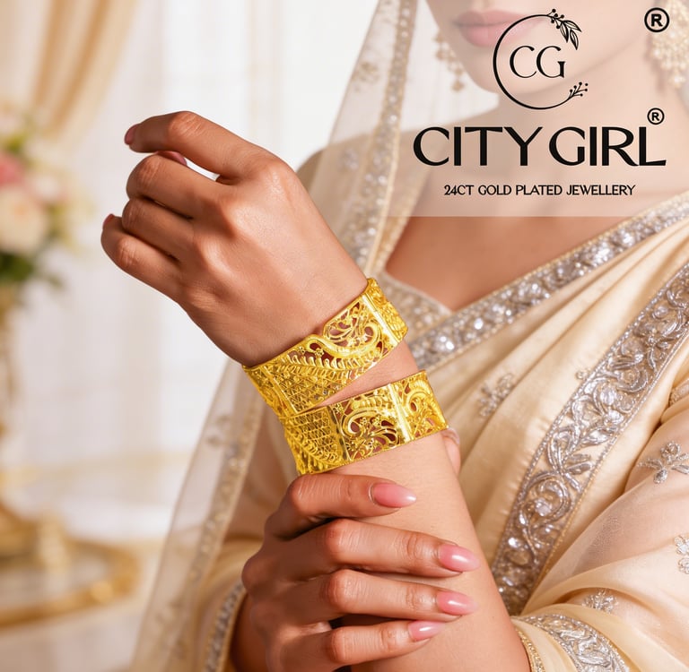 18K gold plated bridal bangles with intricate work — anti-tarnish jewellery by City Girl Jewellery