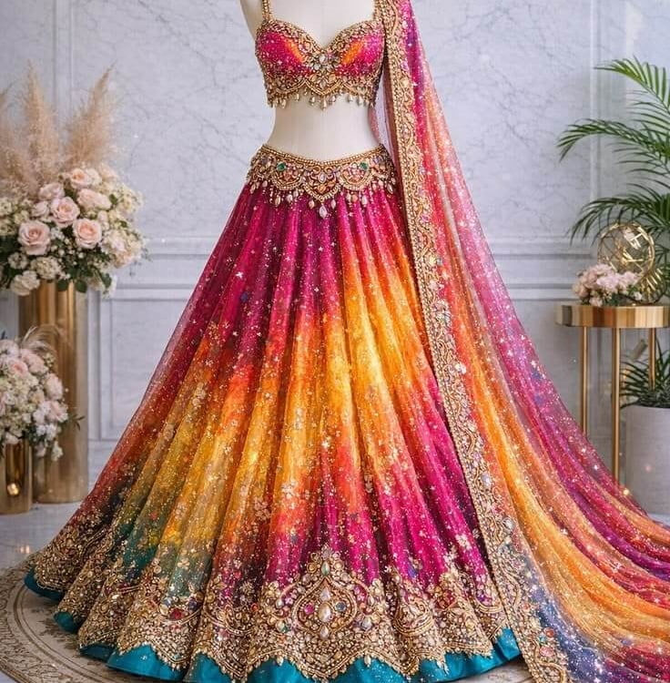 Elegant multi-color bridal lehenga choli with heavy gold embroidery and shimmering galaxy patterns.