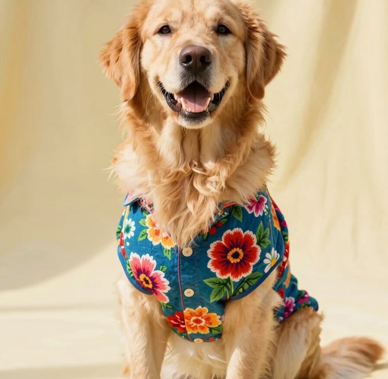 A smiling golden retriever dog wearing a colorful floral Hawaiian pet shirt against a yellow background.