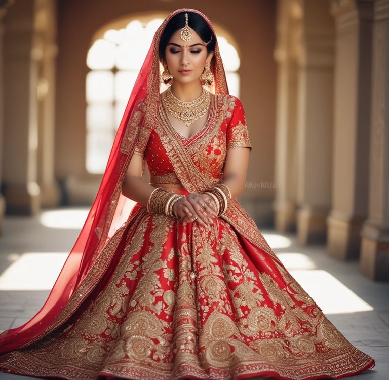 Elegant Indian bride in a red and gold lehenga choli with traditional gold bridal jewelry.