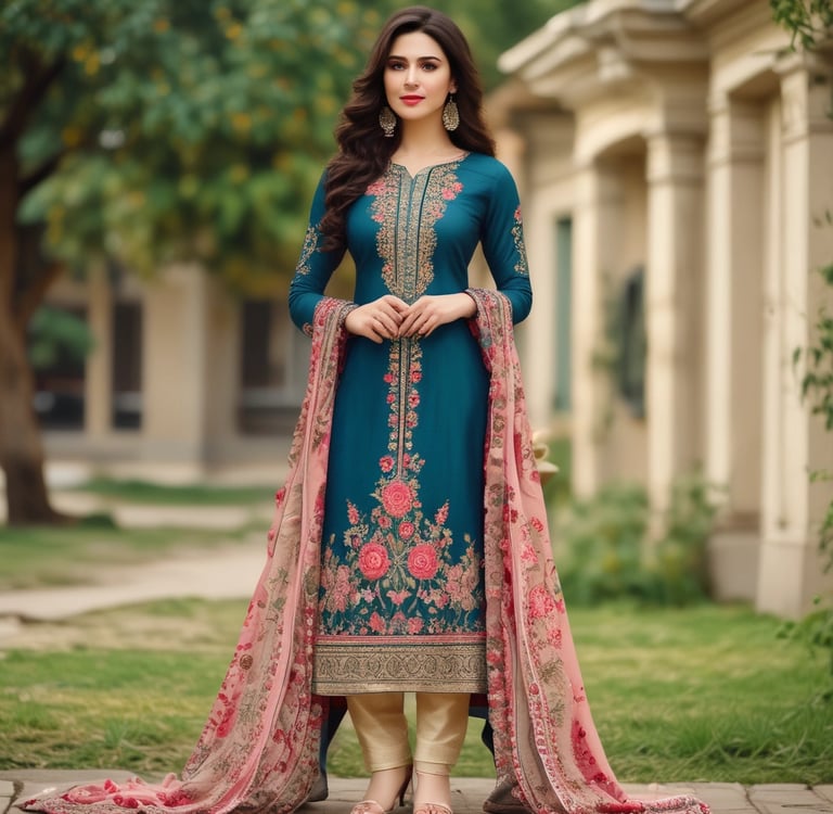 Woman wearing a bohemian paisley print two-piece set with a crop top and wide-leg trousers.