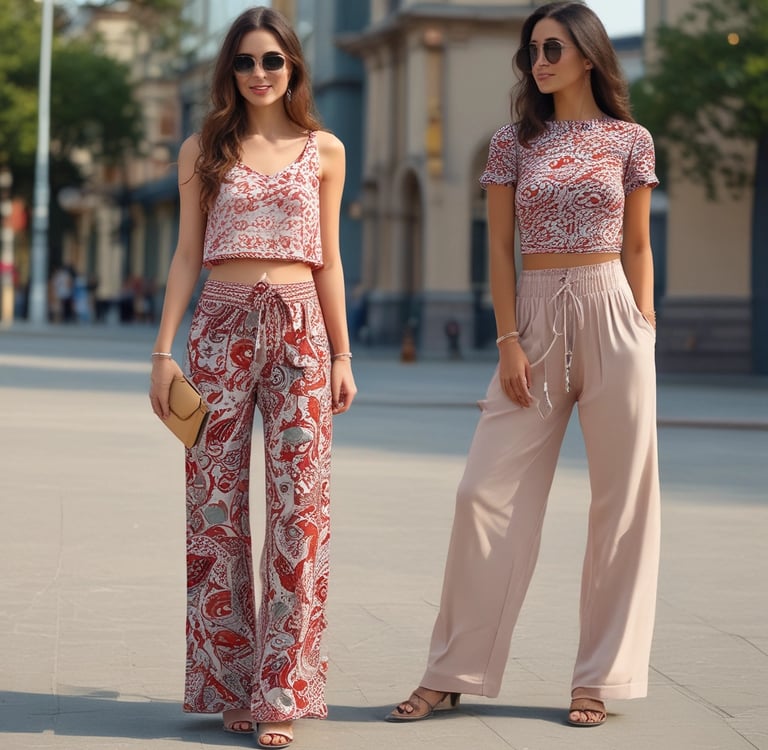 Two women modeling stylish summer boho outfits with wide-leg pants and patterned crop tops on a city street.