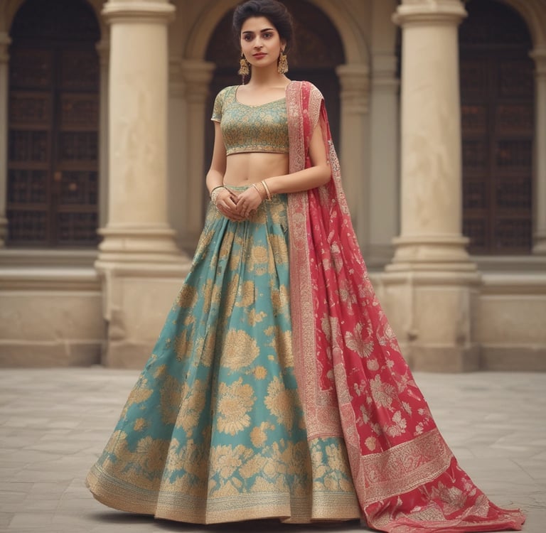 A woman wearing a traditional turquoise and gold lehenga choli with a red dupatta in front of ancient pillars.