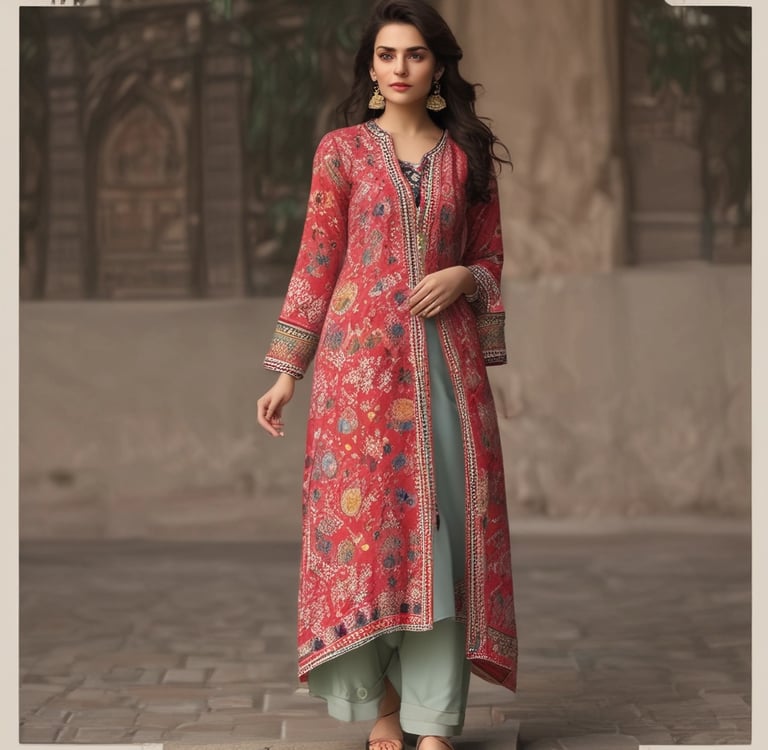 Woman wearing a floral red long open jacket over a light blue salwar kameez suit.