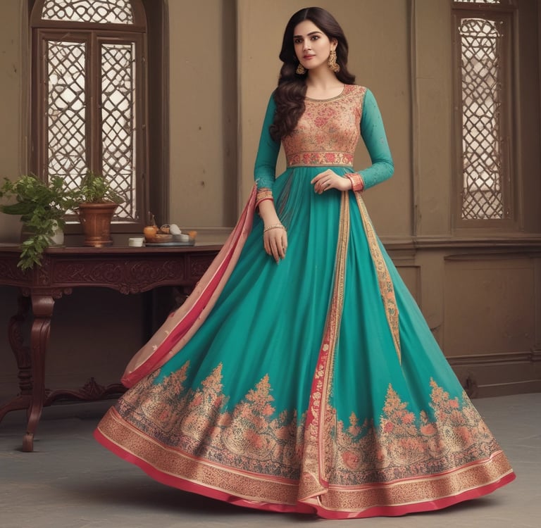 A woman wearing a turquoise teal embroidered Anarkali suit with gold floral patterns and ethnic jewelry.
