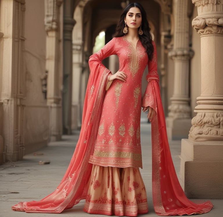 Elegant woman in a peach and gold embroidered designer salwar kameez with gharara pants and dupatta.