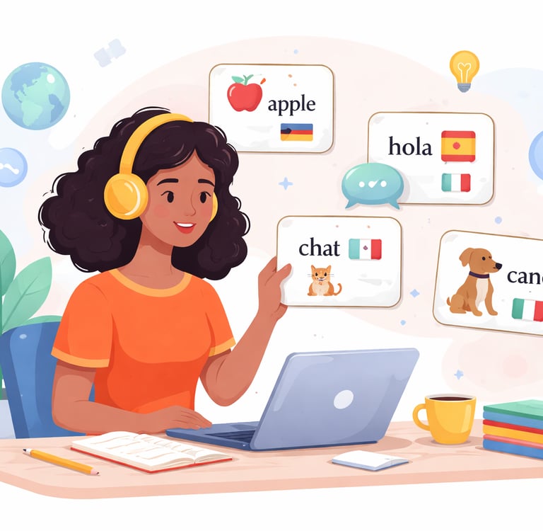 Illustration of a woman studying language flashcards at her desk. Floating flashcards, representing modern microlearning.