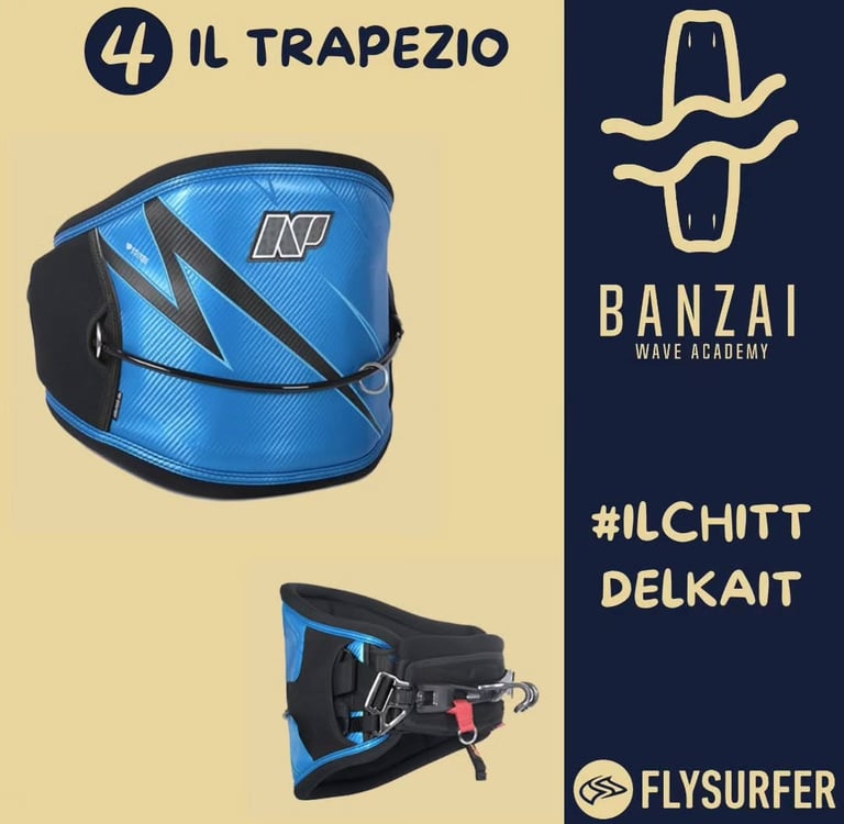 un classico trapezio a fascia per la connessione ad una vela da kitesurf