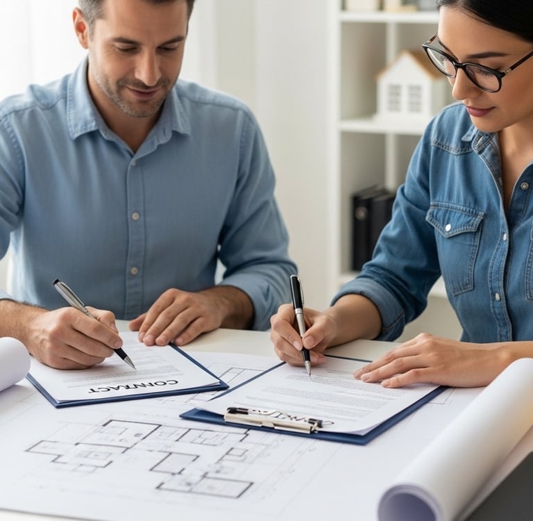 proprietário e engenheiro analisando contrato de obra residencial com plantas arquitetônicas