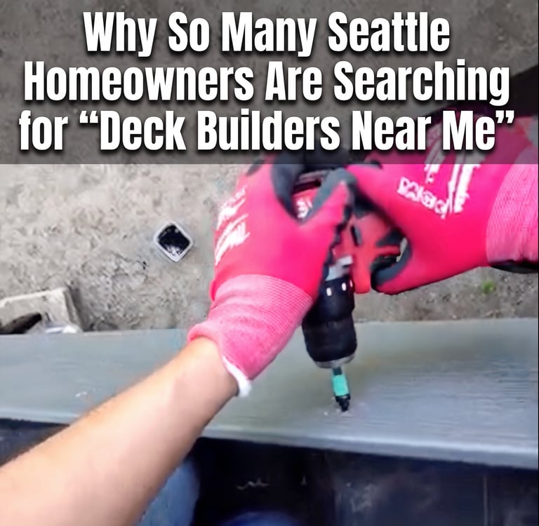 Professional deck builder in Seattle using a power drill to install wood planks for a new outdoor deck construction project.