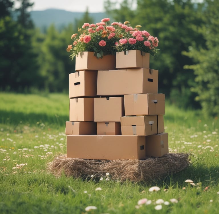 a stack of boxes with flowers on top of it in a meadow