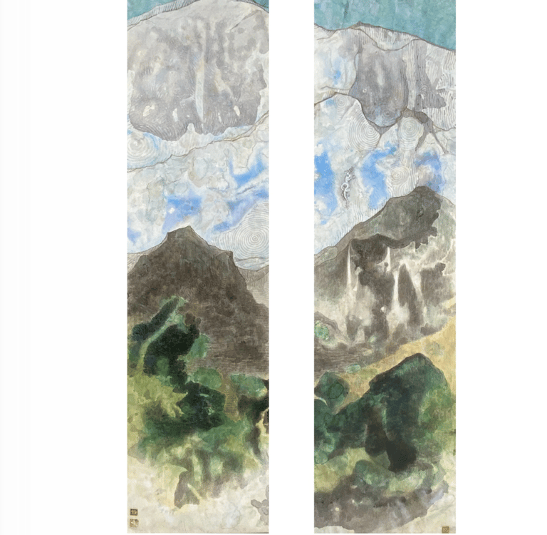 The Realm©2024,Fumiyo Yoshikawa, 48x12 inch each, Sumi-ink, mineral /Nihonga pigments, gold on Mashi