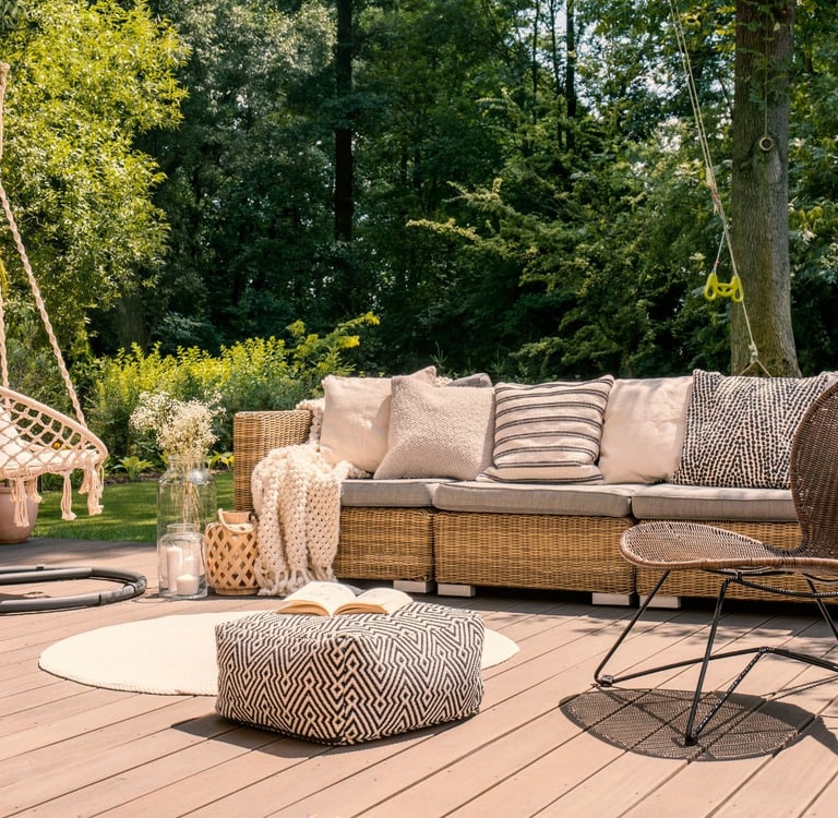 a patio with a couch and a chair