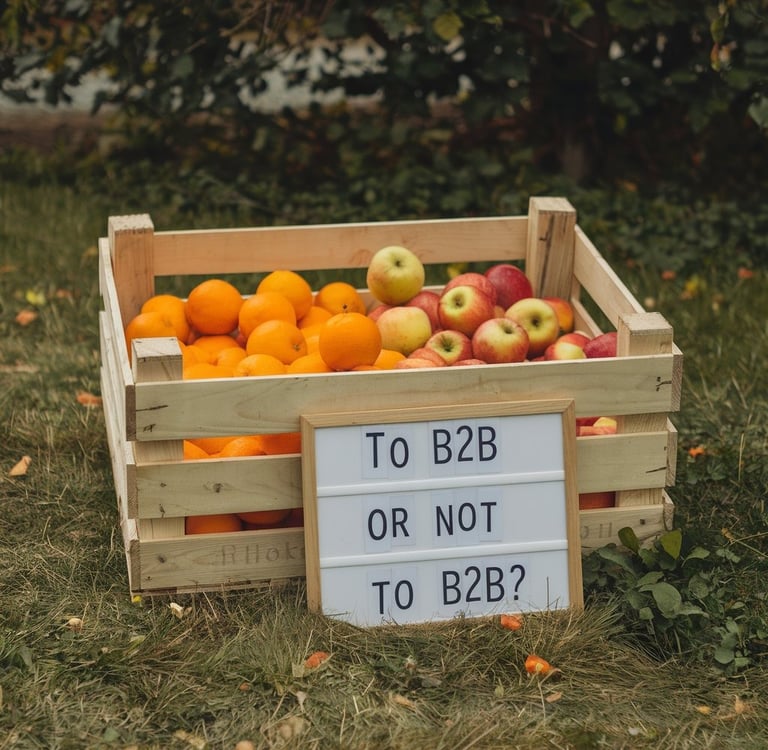 crate of fruit containing oranges and apples and a sign saying: to b2b or not to b2b