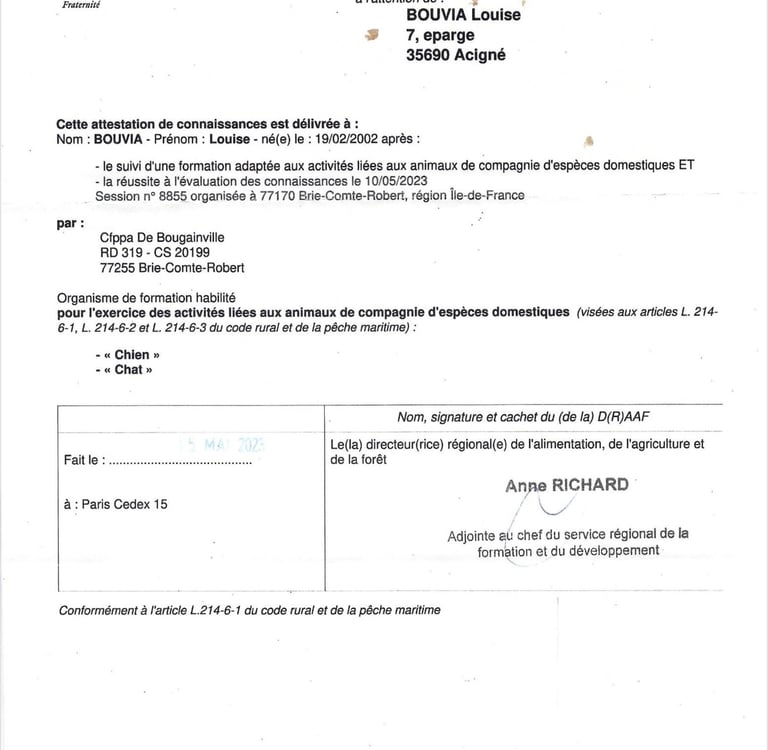 Attestation de connaissances des animaux de compagnie et d'espèces domestiques