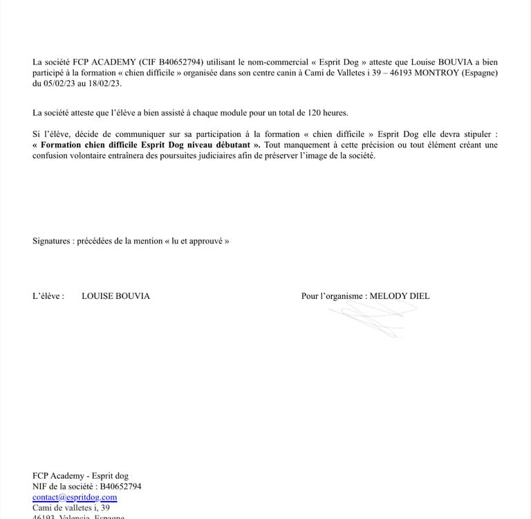 Attestation de présence formation chien difficile Esprit Dog Pro