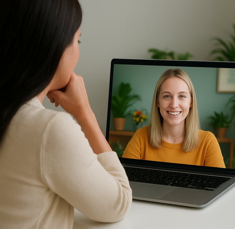 Mulher em consulta por videochamada, representando o atendimento online da terapia floral.