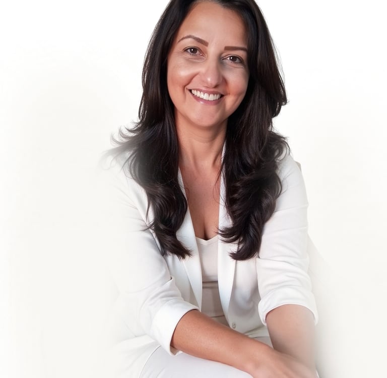 Foto de terapeuta floral sorrindo com fundo branco para atendimento de terapia floral.