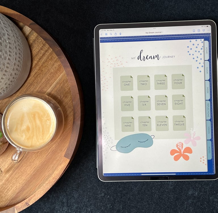 a tablet and a cup of coffee