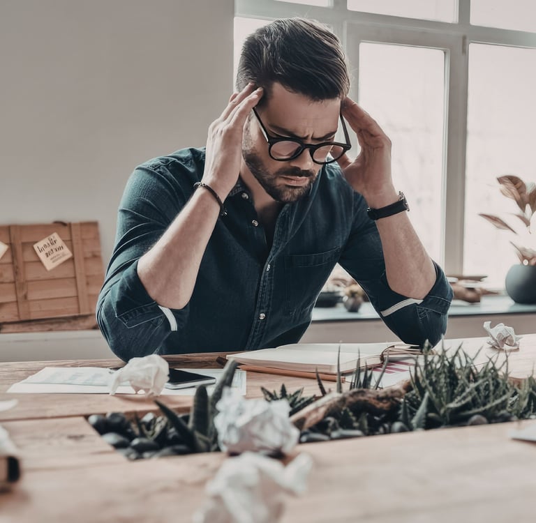 A person sitting at a desk with their head in their hands, surrounded by papers and a laptop