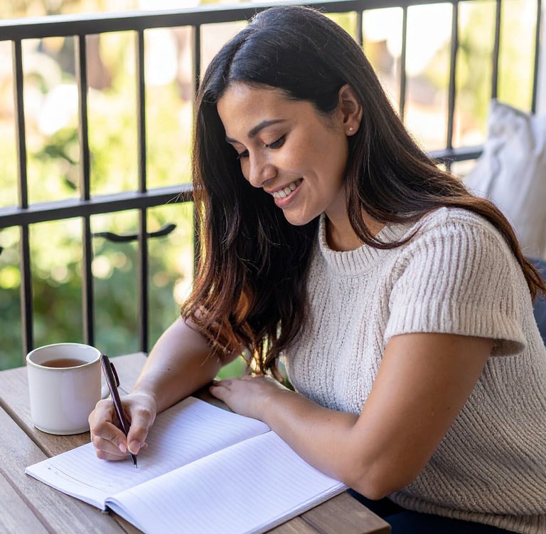 A woman in Calgary journaling on a couch in soft natural window light, notebook open, cup of tea beside her