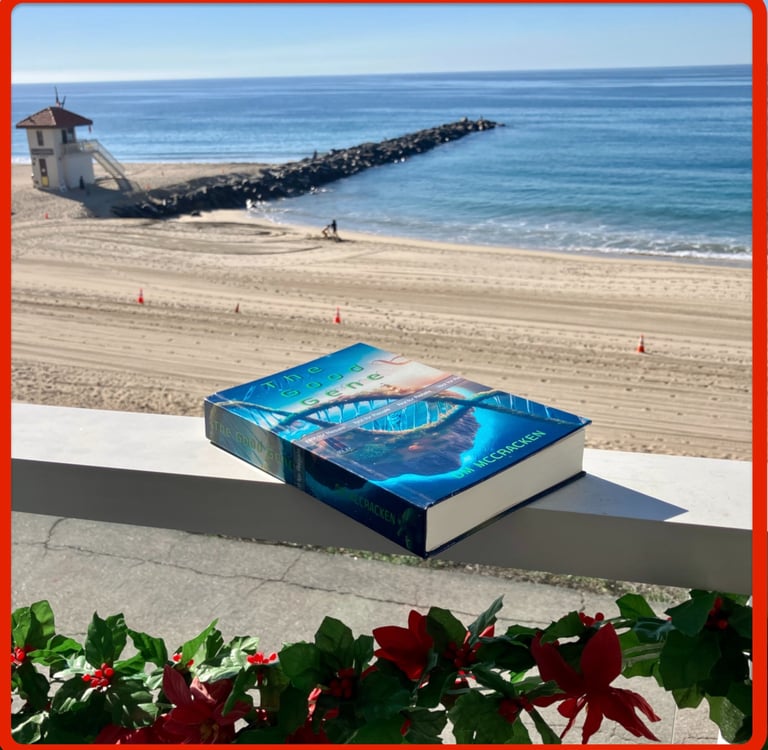 Hardcover of The Good Gene with ocean in the background.