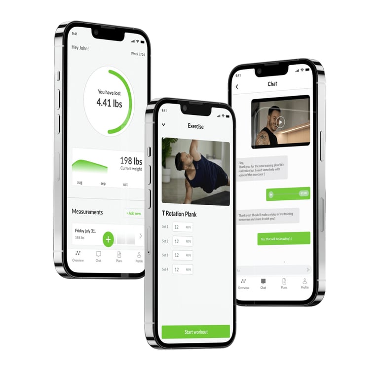 a group of three iphones with a workout app