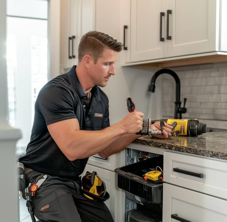 Professional Serviceman repairing kitchen dishwasher leaning over counter