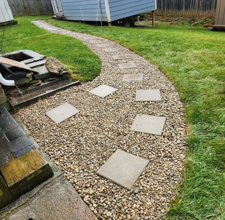 Gravel walkway with stepping stones installed in residential backyard