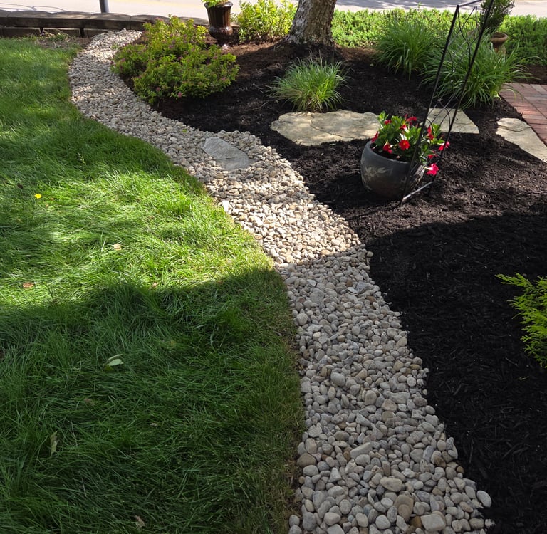Decorative rock border edging around landscaped garden bed with plants