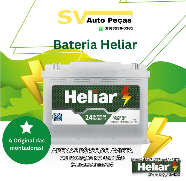 Bateria Heliar automotiva em promoção na SV Auto Peças com 24 meses de garantia em Ariquemes.