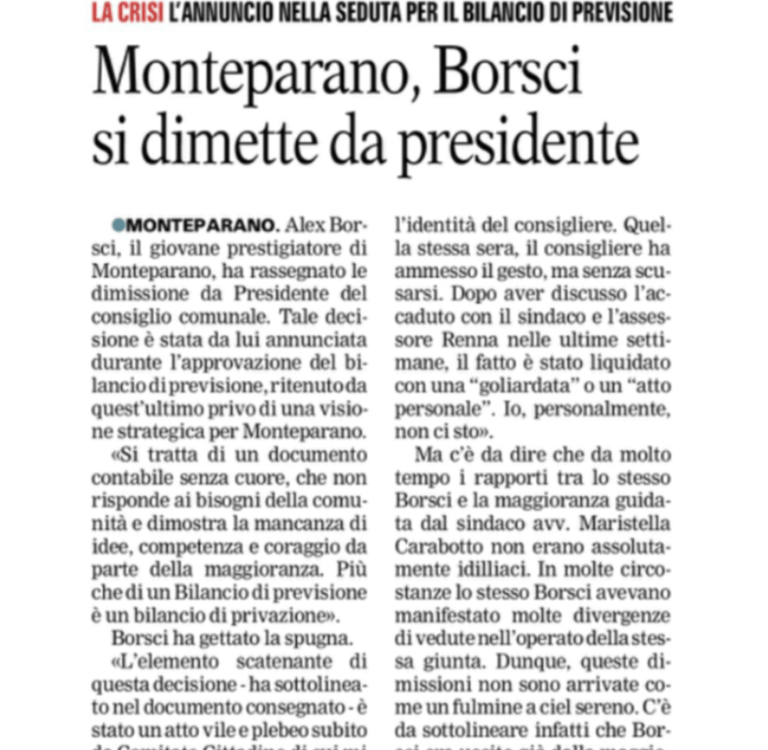 anteprima gazzetta del mezzogiorno alex borsci dimissioni presidente del consiglio comunale