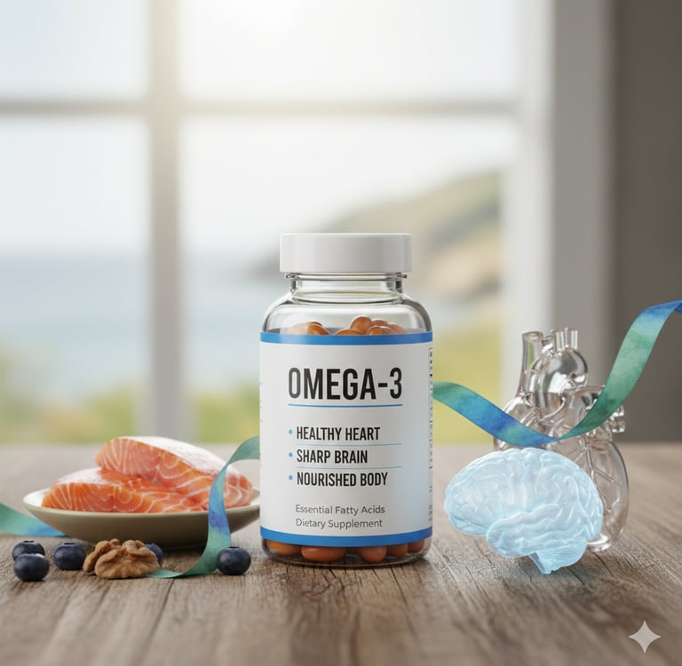 Omega-3 fish oil supplement bottle with salmon, walnuts, and icons for heart and brain health.