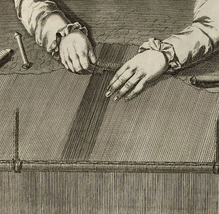 Gravure, tapisserie de haute-lisse des Gobelins. Encyclopédie D. Diderot et J. d'Alembert