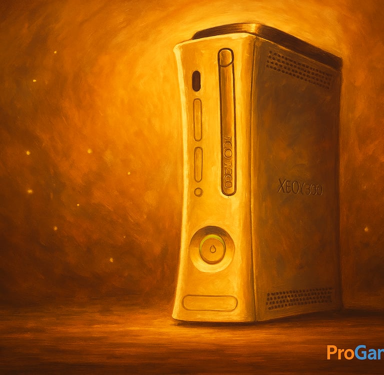 Xbox 360 em pintura dourada representando homenagem e legado histórico do console.