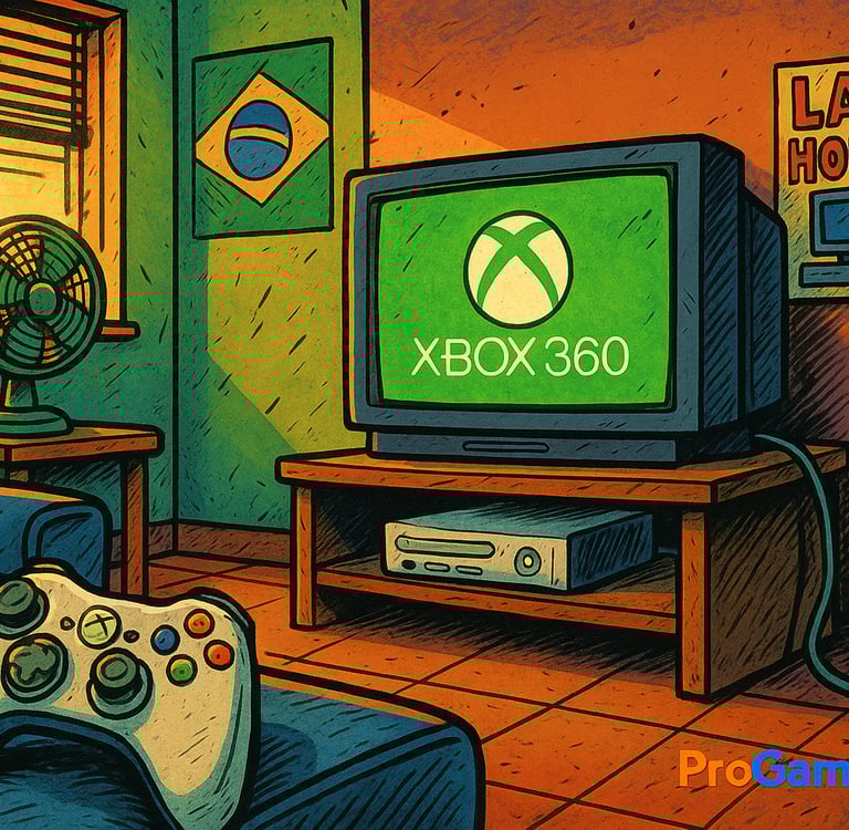 Cena HQ mostrando um ambiente gamer brasileiro com Xbox 360, TV de tubo e ícones culturais.