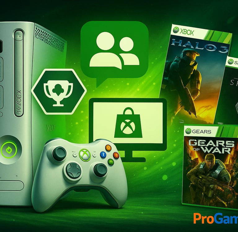 Montagem digital com Xbox 360, achievements, party chat e jogos icônicos que simbolizam seu legado.