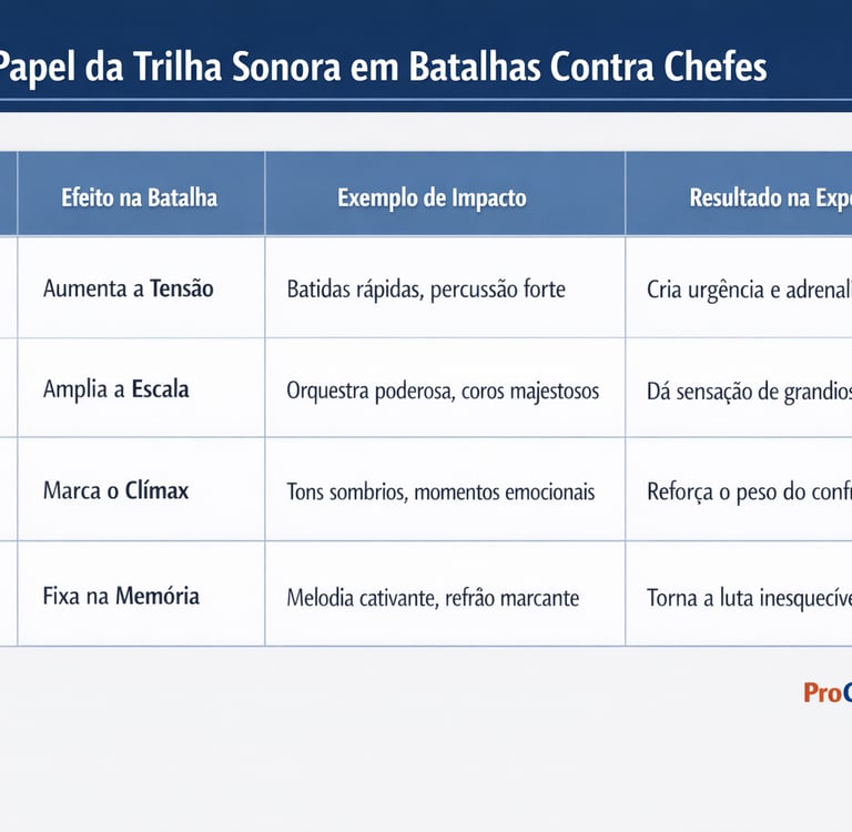Quadro mostra como a trilha sonora afeta tensão, clímax e memória em boss fights.