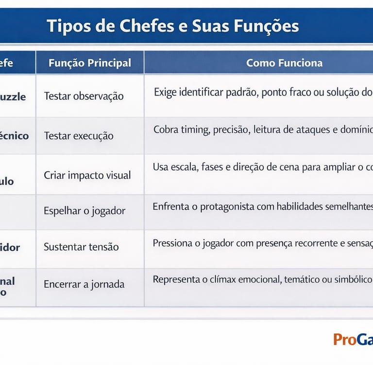 Tabela mostra tipos de chefes e suas funções no design de jogos.