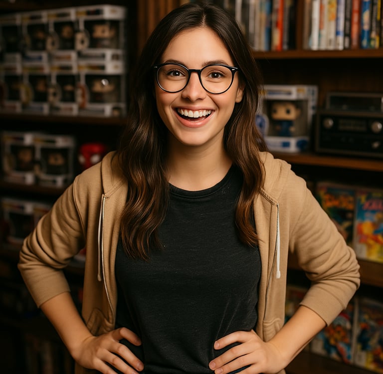 a woman in glasses and a black top