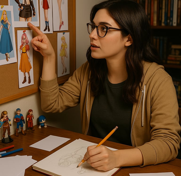 a woman is sitting at a desk with a pencil and pencil