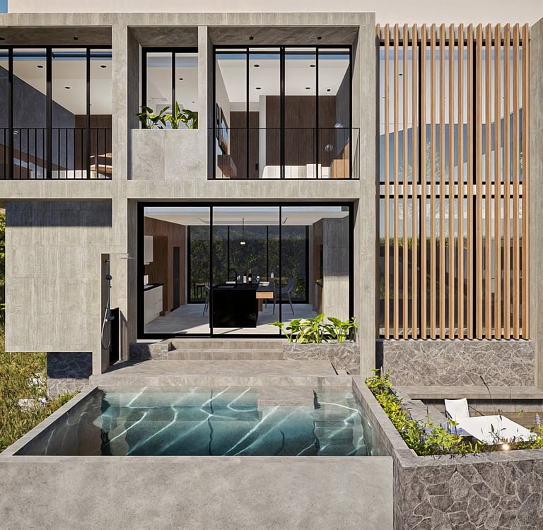 casa de campo con alberca y acabados aparentes