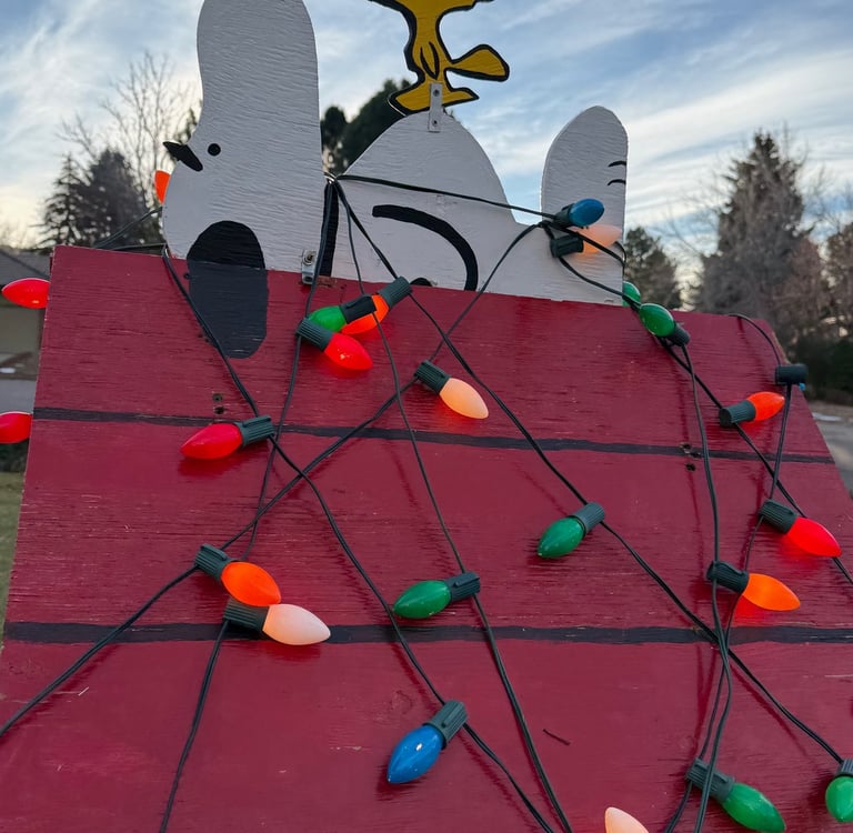 Lawn decoration of Snoopy and Woodstock on a red dog house wrapped in Christmas lights